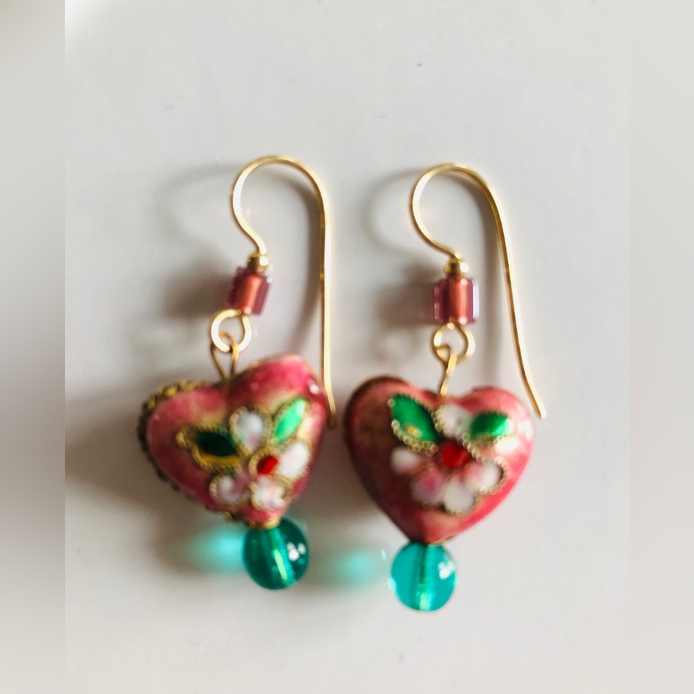 Cloissone Pink Heart Earrings with Floral Design